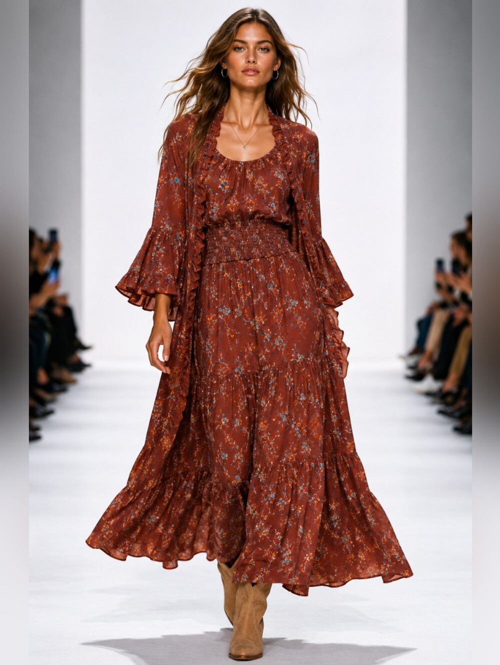 Rock & Roll Denim Floral Maxi Dress & Matching Kimono Set Size Small BohoWestern